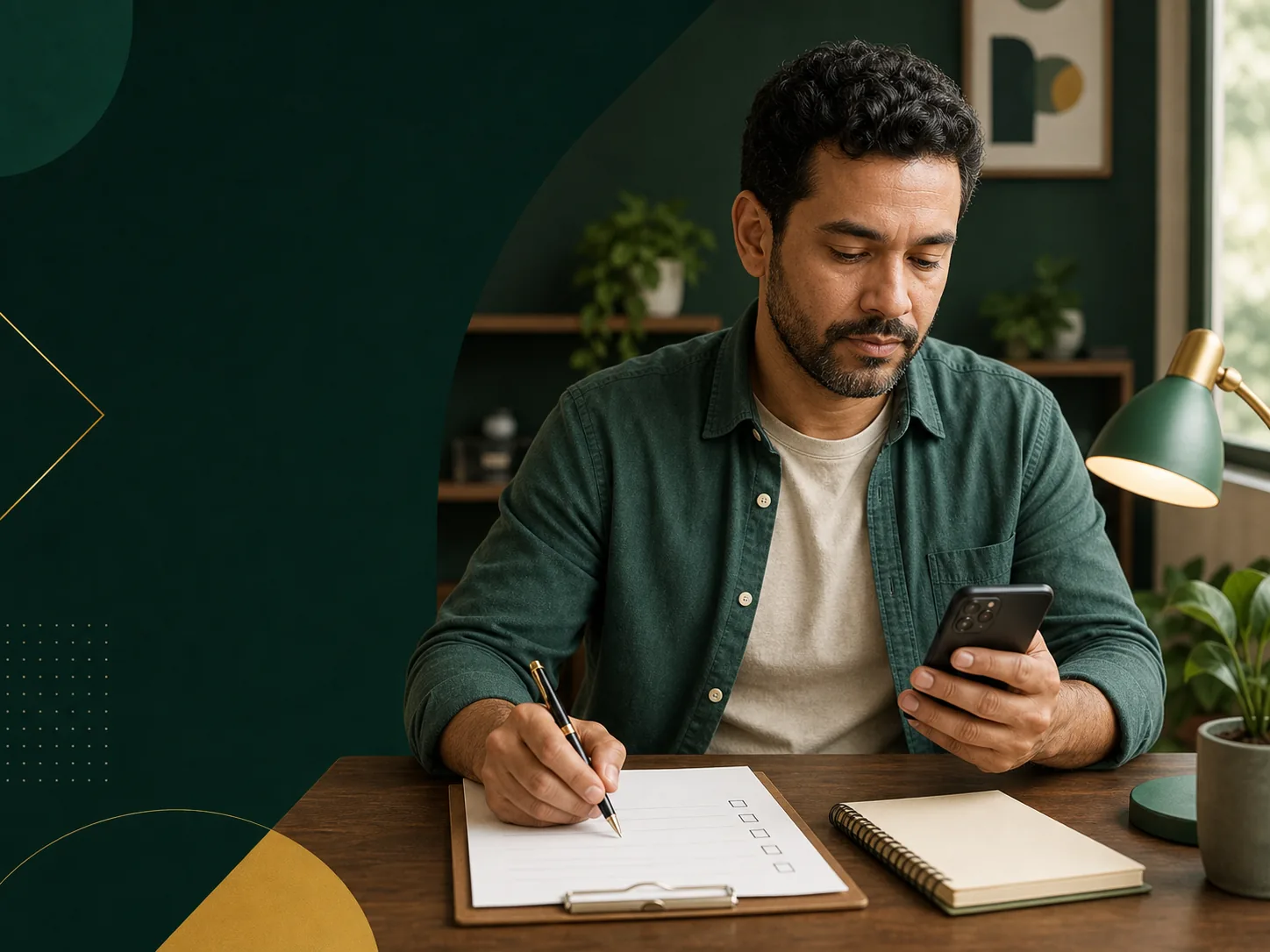 Pessoa conferindo no celular uma lista de segurança antes de acessar uma conta