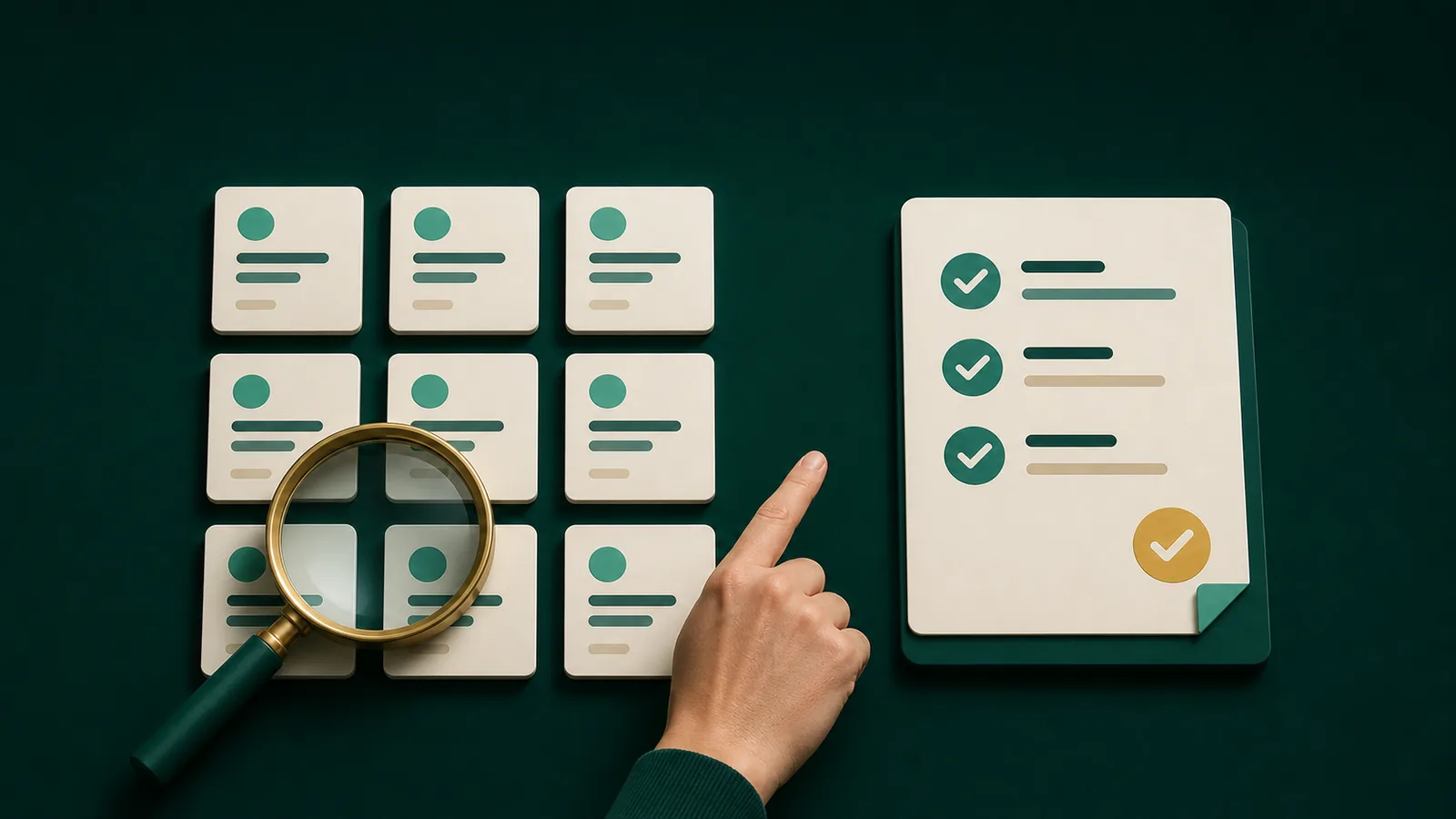 Cartões de categorias e lista de regras sendo comparados