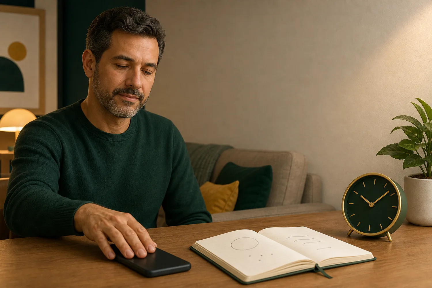 Pessoa encerrando o uso do celular ao lado de um relógio e de um caderno de orçamento